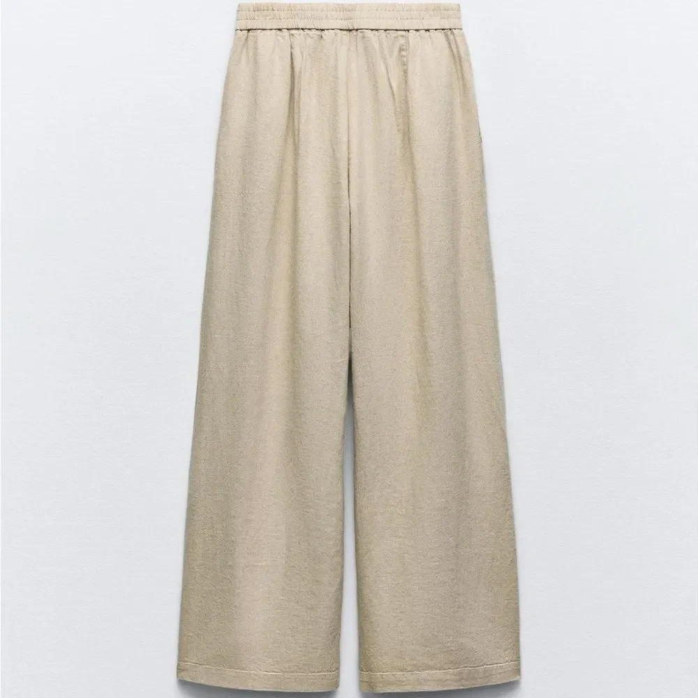 ZARA LINEN BLEND WIDE LEG PANTS LIGHT BEIGE